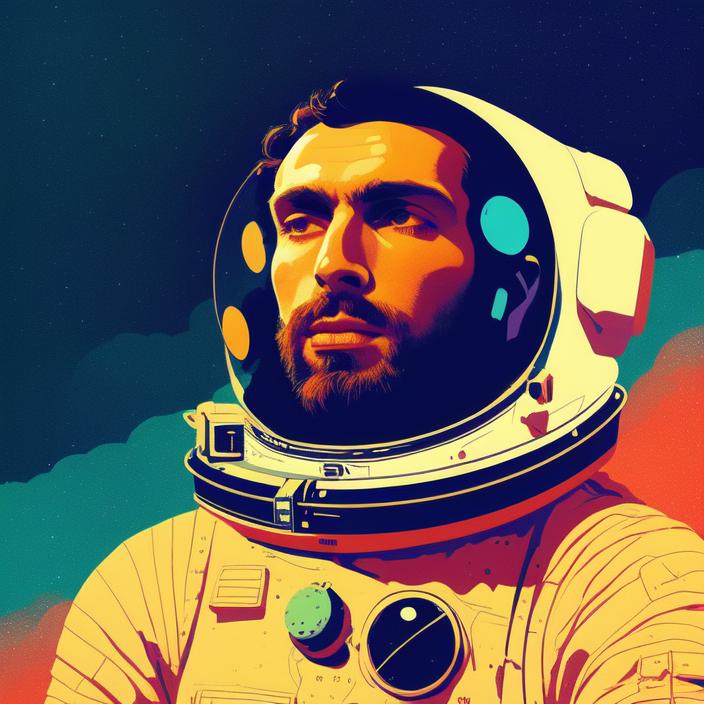 Artificial Intelligence (AI) generated image art, (person), ( ( dither ) ), portrait, editorial illustration young astronaut man in space, modern art deco, colorful, ( ( mads berg ) ), christopher balaskas, victo ngai, rich grainy texture, detailed, dynamic composition, wide angle, moebius, matte print