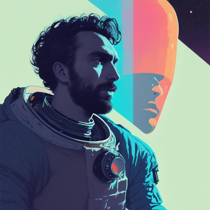 Artificial Intelligence (AI) generated image art, (person), ( ( dither ) ), portrait, editorial illustration young astronaut man in space, modern art deco, colorful, ( ( mads berg ) ), christopher balaskas, victo ngai, rich grainy texture, detailed, dynamic composition, wide angle, moebius, matte print