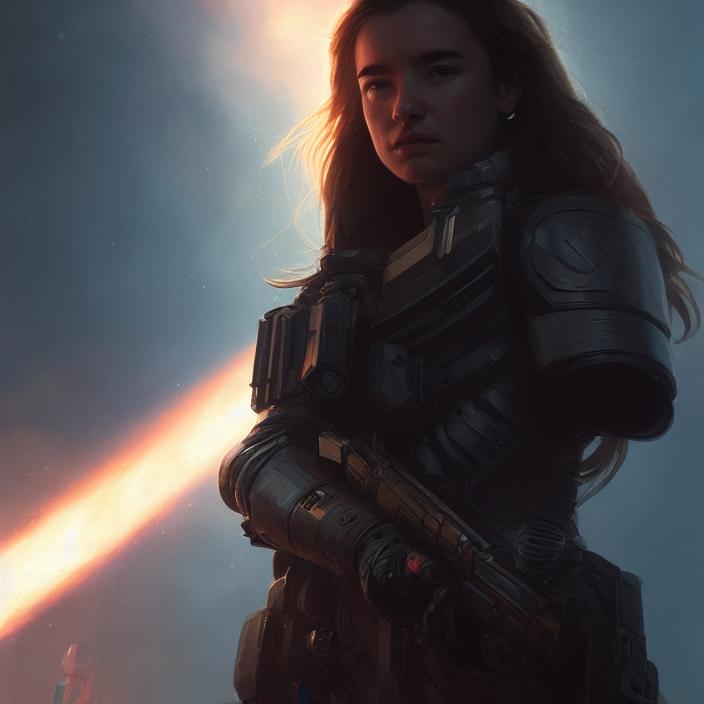 Artificial Intelligence (AI) generated image art, person, portrait, as space soldier, art by greg rutkowski, highly detailed, photorealistic, sharp focus, 8k, cinematic lighting, highly detailed, futuristic glow
