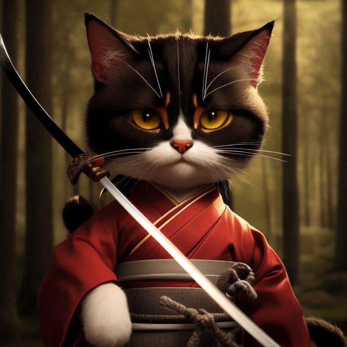 Artificial Intelligence (AI) generated image art, portrait of a cute samurai cat with katana, anthropomorphic, cinematic lighting, forest