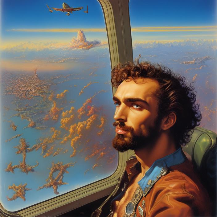 Artificial Intelligence (AI) generated image art, (person) man looking through airplane window at steampunk city below, art by Boris Vallejo, art by Julie Bell, illustration, 80s fantasy art, portrait, city street