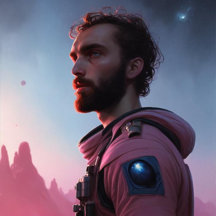 Artificial Intelligence (AI) generated image art, person, (portrait), pink, space soldier, (((one person))), on alien planet, concept art, by Greg Rutkowski, blue sunset, highly detailed, close up, epic