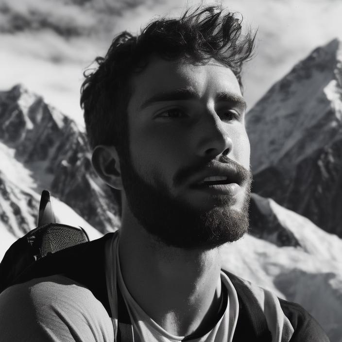 Artificial Intelligence (AI) generated image art, person, (portrait), old b&w photo, (((film grain))), on Mount Everest, photorealistic, 4k