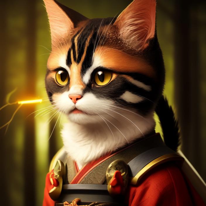 Artificial Intelligence (AI) generated image art, portrait of a cute samurai cat, anthropomorphic, cinematic lighting, forest