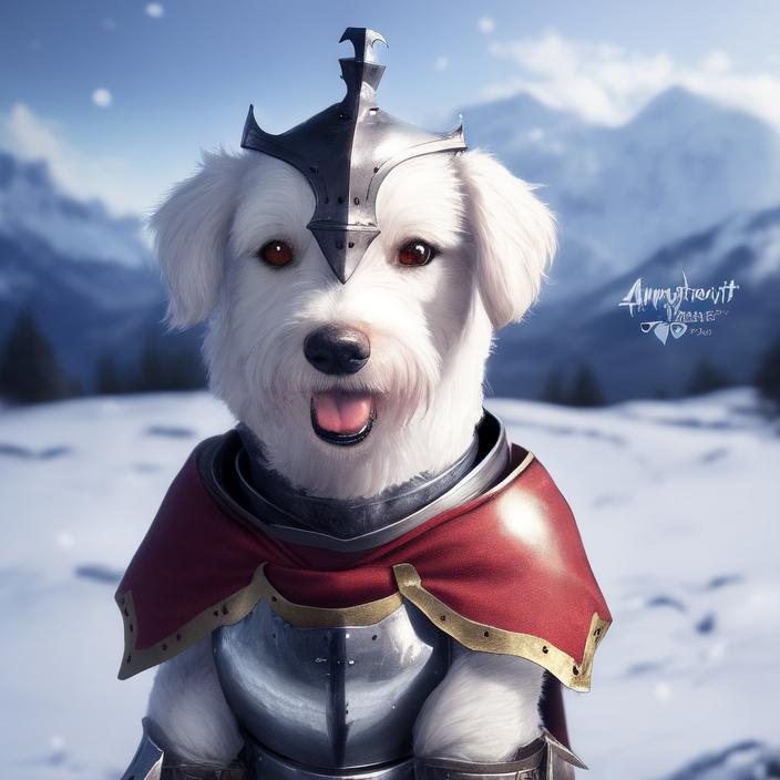Artificial Intelligence (AI) generated image art, portrait of a cute knight dog, anthropomorphic, cinematic lighting, snowy mountains
