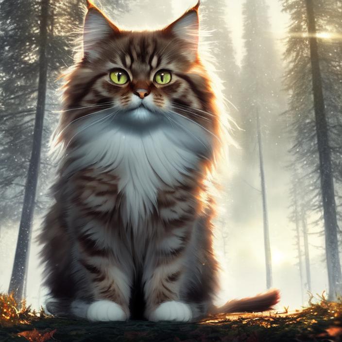 Artificial Intelligence (AI) generated image art, cute siberian cat, portrait, art by greg rutkowski, epic cinematic lighting, forest lake background