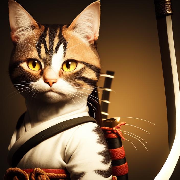 Artificial Intelligence (AI) generated image art, portrait of a cute samurai cat with katana, anthropomorphic, cinematic lighting, forest