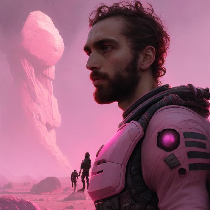 Artificial Intelligence (AI) generated image art, person, (portrait), pink, space soldier, (((one person))), on alien planet, concept art, by Greg Rutkowski, alien structure background, highly detailed, close up, epic