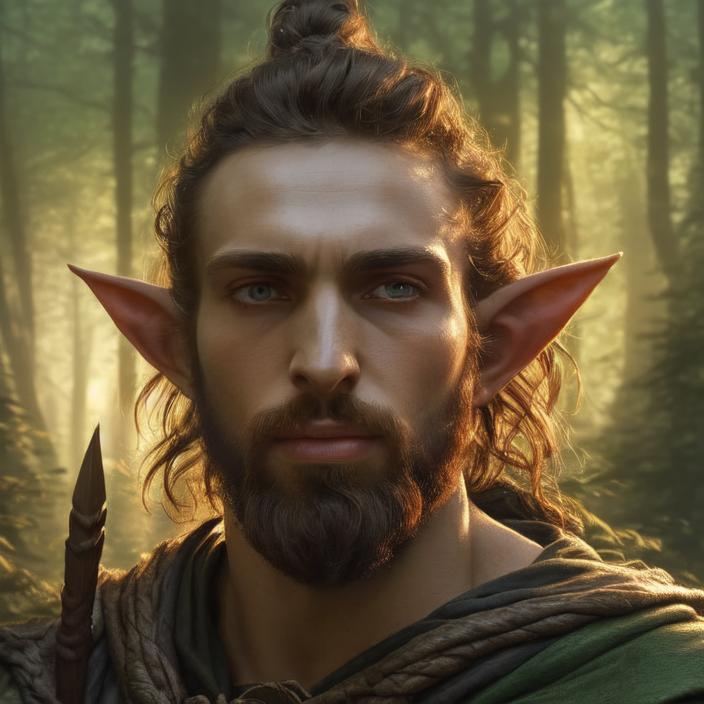 Artificial Intelligence (AI) generated image art, person, ((portrait)), fantasy wood elf, (pointy elf ears), ((fantasy ranger)), man bun hair, close up, facing front, dnd art, (art by Greg Rutkowski), highly detailed, sharp focus, 4k, ((in a forest)), (((magic glow)))