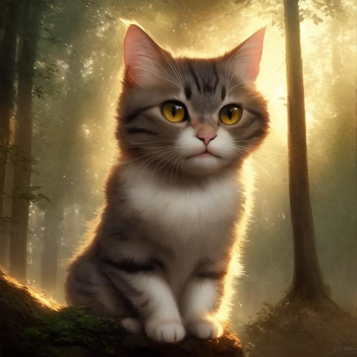 Artificial Intelligence (AI) generated image art, cute cat, portrait, art by greg rutkowski, epic cinematic lighting, forest lake background
