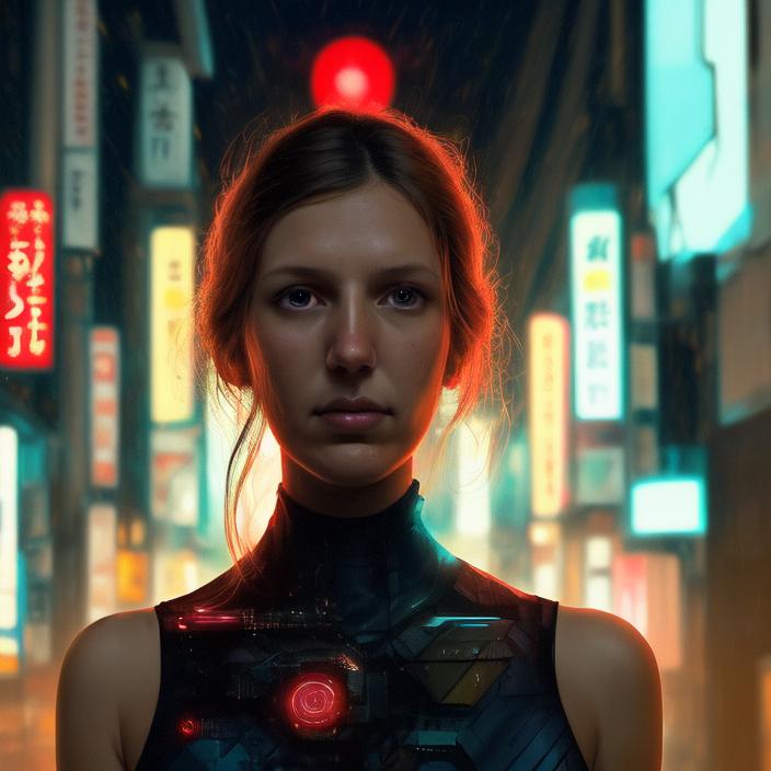 Artificial Intelligence (AI) generated image art, person, portrait, in gala dress, art by Greg Rutkowski, portrait, (in colorful Tokyo), cinematic lighting, good lighting, bright glow, well lit face, highly detailed, 4k, sharp focus, cyberpunk, (neon lighting), close up