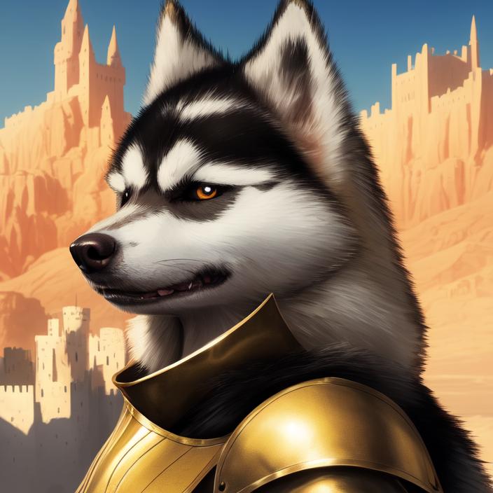 Artificial Intelligence (AI) generated image art, portrait of a cute anthropomorphic knight ((huskey dog)), in golden armor, cinematic lighting, desert mountains, castle in background, art by greg rutkowski, highly detailed, sharp focus, 4k