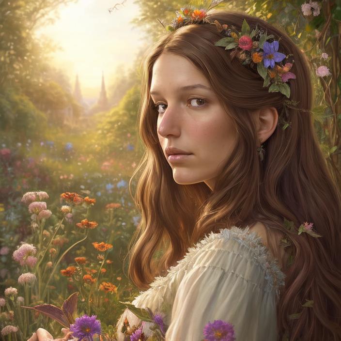 Artificial Intelligence (AI) generated image art, person, ((portrait)), beautiful brown haired fairy princess, highly detailed illustration, in a garden holding a bunch of wild flowers, deep focus, d & d, fantasy, intricate, elegant, highly detailed, digital painting, artstation, concept art, sunset, matte, sharp focus, illustration, hearthstone, art by artgerm and greg rutkowski and alphonse mucha and marco mazzoni