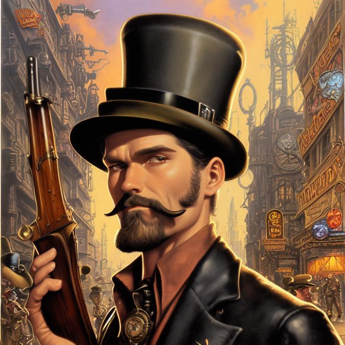 Artificial Intelligence (AI) generated image art, (classic fantasy pulp book cover art), (...) looking in steampunk industrialized street (((wearing bowler hat))), art by Boris Vallejo, 80s fantasy art, portrait, city street, ((holding sawed off shotgun))