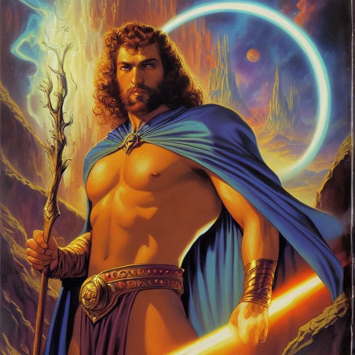 Artificial Intelligence (AI) generated image art, (classic fantasy pulp book cover art), (person) as fantasy wizard man, illustration, art by Boris Vallejo, 80s fantasy art, portrait, landscape