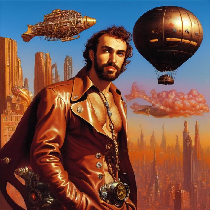 Artificial Intelligence (AI) generated image art, (person) man on a blimp, steampunk city below, art by Boris Vallejo, art by Julie Bell, illustration, 80s fantasy art, portrait, city street