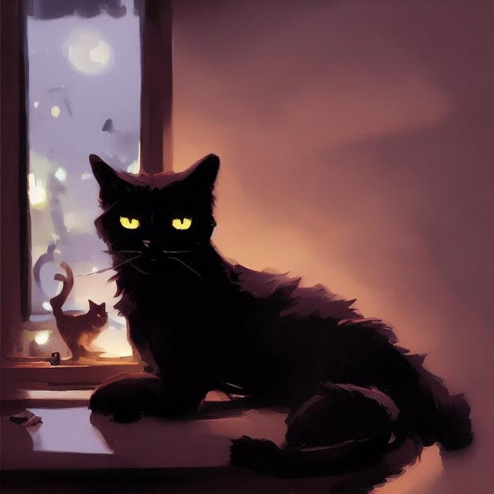 Artificial Intelligence (AI) generated image art, (black cat), winter night, spotlight, greg manchess painting by sargent and leyendecker, fantasy, medium shot, asymmetrical, intricate, elegant, matte painting, illustration, hearthstone, by rhads, by greg rutkowski, by greg tocchini, by james gilleard, by joe fenton, purple tint