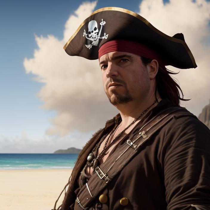 Artificial Intelligence (AI) generated image art, ... as pirate, portrait, beach background, epic, cinematic lighting, 4k, sharp focus, art by greg rutkowski