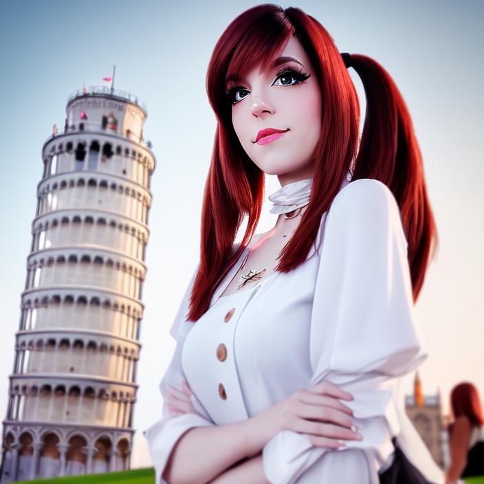 Artificial Intelligence (AI) generated image art, ..., portrait, Leaning Tower of Pisa in background, photography, photorealistic, beautiful woman, 8k, cinematic
