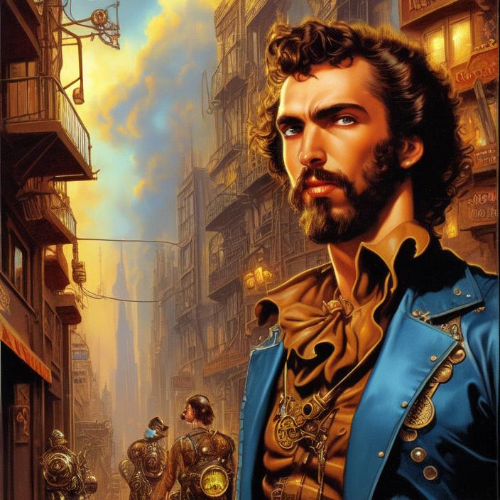 Artificial Intelligence (AI) generated image art, (classic fantasy pulp book cover art), (person) man in steampunk industrialized street, art by Boris Vallejo, 80s fantasy art, portrait, city street