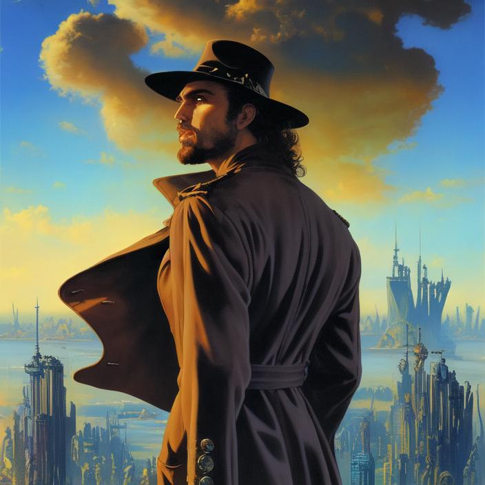 Artificial Intelligence (AI) generated image art, (person) man in trenchcoat looking at a floating sky steampunk megacity, art by Boris Vallejo, art by Julie Bell, illustration, 80s fantasy art, portrait, from behind, close up