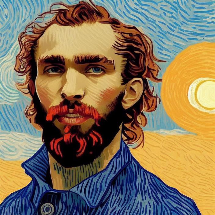 Artificial Intelligence (AI) generated image art, ((person)), portrait, sunset as background, van Gogh style painting