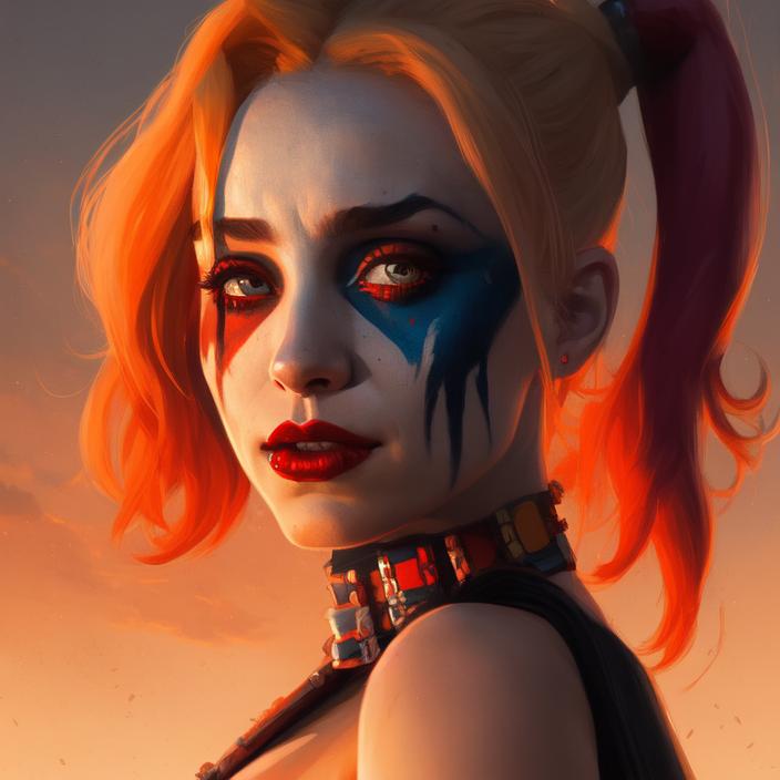 Artificial Intelligence (AI) generated image art, (Anaskor) as harley quinn, portrait, art by greg rutkowski, sunset