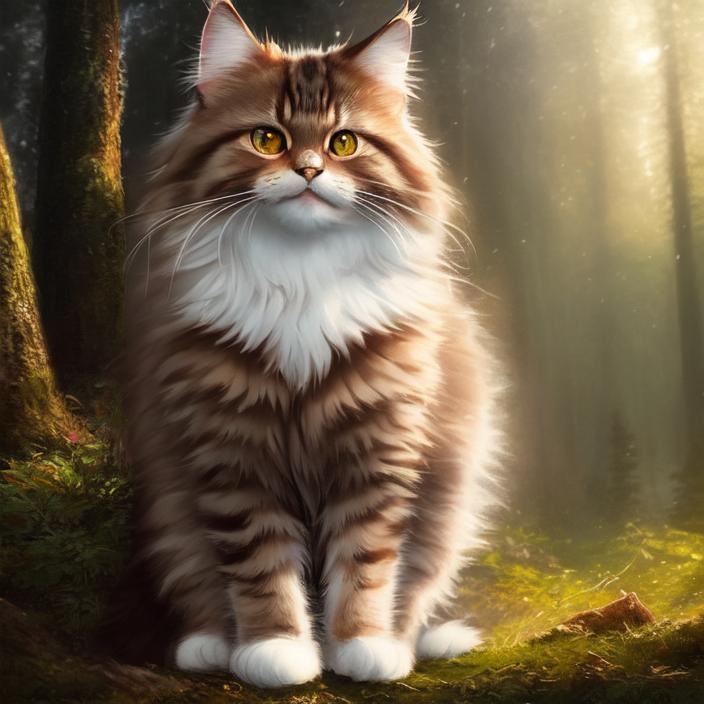 Artificial Intelligence (AI) generated image art, cute siberian cat, portrait, art by greg rutkowski, epic cinematic lighting, forest lake background