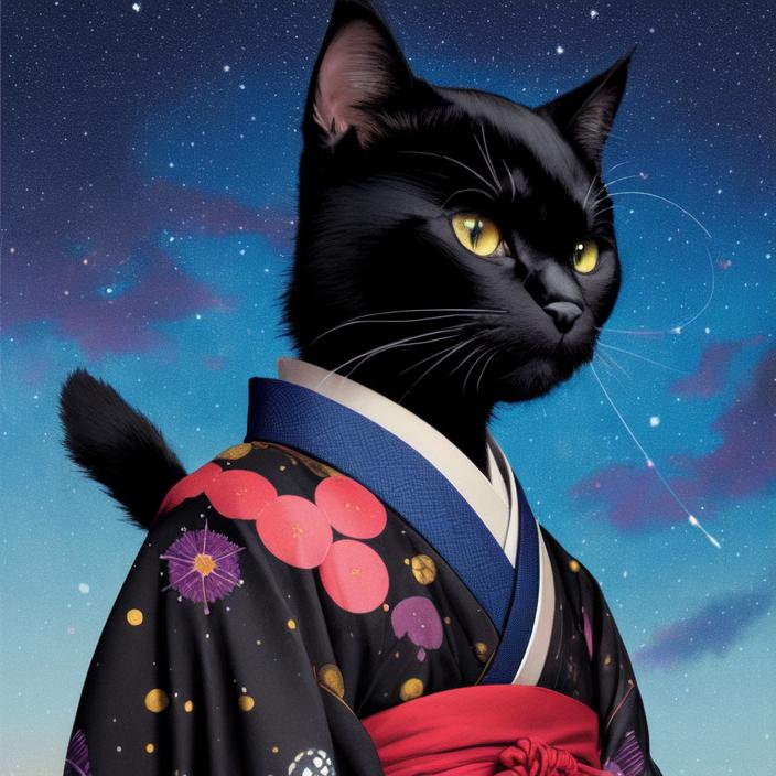 Artificial Intelligence (AI) generated image art, cute anthropomorphic samurai (black cat) in a colorful kimono, starry sky background, blue hour, art by greg rutkowski, portrait, well lit subject