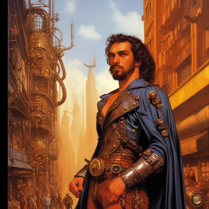 Artificial Intelligence (AI) generated image art, (classic fantasy pulp book cover art), (person) looking in steampunk industrialized street, art by Boris Vallejo, 80s fantasy art, portrait, city street
