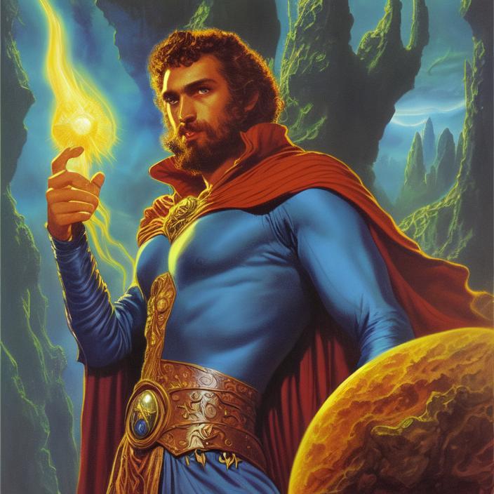 Artificial Intelligence (AI) generated image art, (classic fantasy pulp book cover art), (person) as fantasy wizard man, illustration, art by Boris Vallejo, 80s fantasy art, portrait, landscape