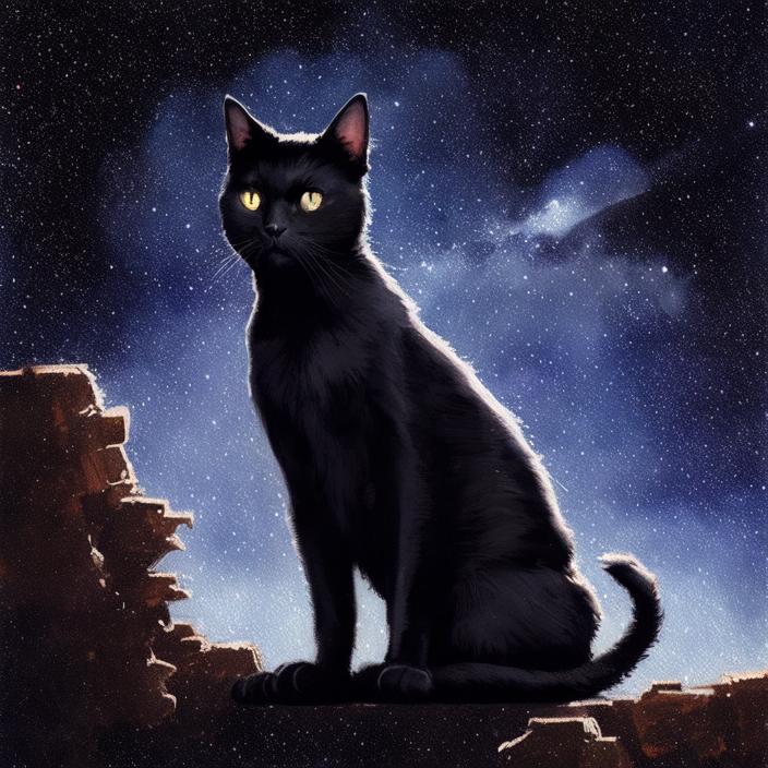 Artificial Intelligence (AI) generated image art, Black cat, starry sky background, art by greg rutkowski, portrait