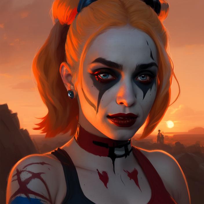 Artificial Intelligence (AI) generated image art, (Anaskor) as harley quinn, portrait, art by greg rutkowski, sunset