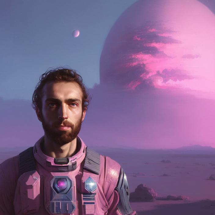 Artificial Intelligence (AI) generated image art, person, (portrait), pink, space soldier, (((one person))), on alien planet, concept art, by Greg Rutkowski, blue sunset, highly detailed, close up, epic