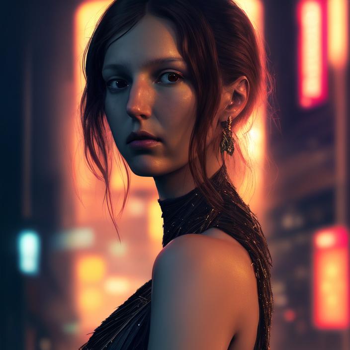 Artificial Intelligence (AI) generated image art, person, portrait, in gala dress, art by Greg Rutkowski, portrait, face, in Tokyo, good lighting, highly detailed, 4k, sharp focus, cyberpunk, neon lighting, close up