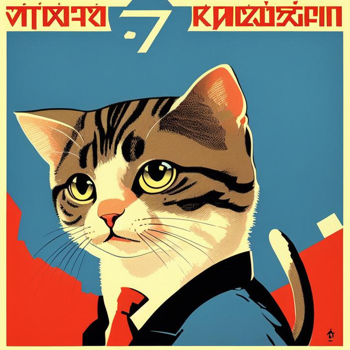 Artificial Intelligence (AI) generated image art, cute cat, (intricate soviet propaganda poster), illustration, sharp focus, retro, boris kriukov