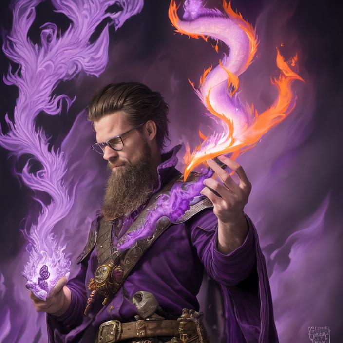 Artificial Intelligence (AI) generated image art, ..., (portrait), fantasy wizard, dnd, (((purple fire from hands))), fire everywhere, dragon, art by Greg Rutkowsi, highly detailed, sharp focus, 4k