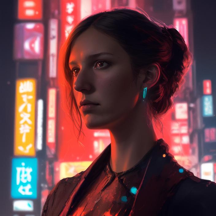 Artificial Intelligence (AI) generated image art, person, portrait, in gala dress, art by Greg Rutkowski, portrait, (in colorful Tokyo), cinematic lighting, good lighting, bright glow, well lit face, highly detailed, 4k, sharp focus, cyberpunk, (neon lighting), close up