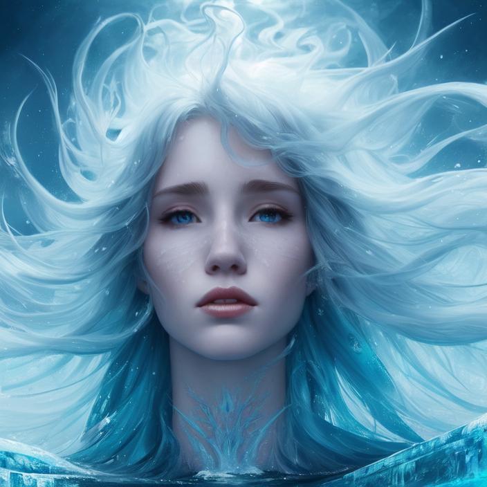 Artificial Intelligence (AI) generated image art, person, majestic ice goddess with frozen body and flowing long hair rising from the sea, ((portrait)), by charlie bowater and zeen chin and terada katsuya, epic scene, epic light, fractals background, intricate detailed, fine details, artstation, masterpiece