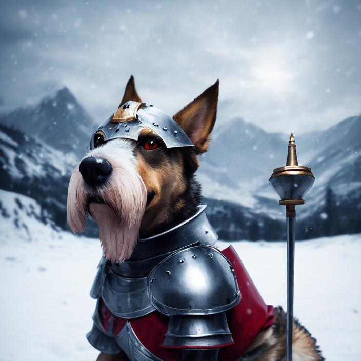 Artificial Intelligence (AI) generated image art, portrait of a cute knight dog, anthropomorphic, cinematic lighting, snowy mountains