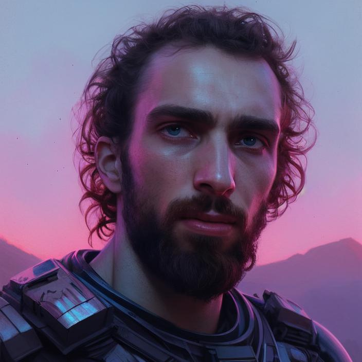 Artificial Intelligence (AI) generated image art, person, (portrait), pink, space soldier, (((one person))), on alien planet, concept art, by Greg Rutkowski, blue sunset, highly detailed, close up, epic