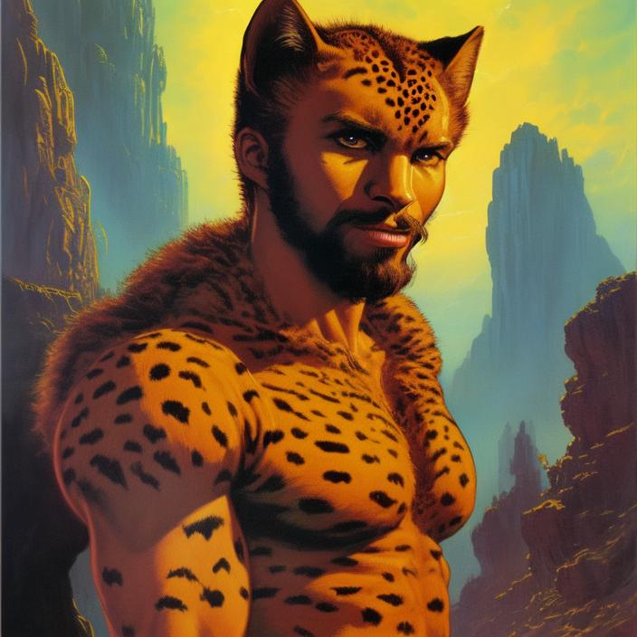 Artificial Intelligence (AI) generated image art, (classic fantasy pulp book cover art), (person) as fantasy tabaxi cheetah man, dnd tabaxi, illustration, art by Boris Vallejo, 80s fantasy art, portrait, landscape