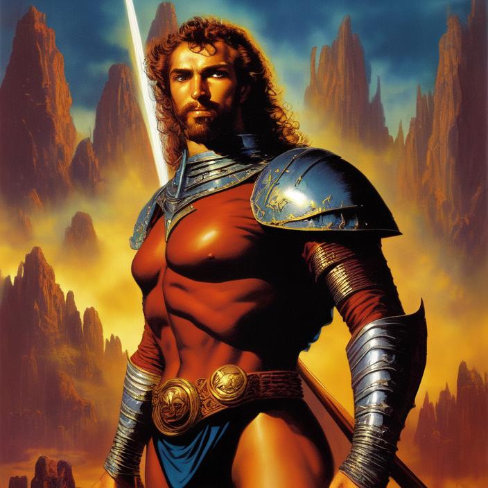 Artificial Intelligence (AI) generated image art, (classic fantasy pulp book cover art), (person) as fantasy knight man, illustration, art by Boris Vallejo, 80s fantasy art, portrait, landscape