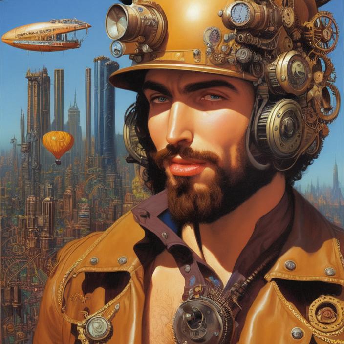 Artificial Intelligence (AI) generated image art, (person) man on a blimp, steampunk city below, art by Boris Vallejo, art by Julie Bell, illustration, 80s fantasy art, portrait, city street