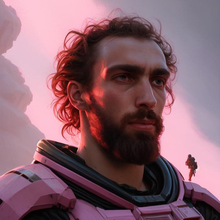 Artificial Intelligence (AI) generated image art, person, (portrait), pink, space soldier, (((one person))), on alien planet, concept art, by Greg Rutkowski, highly detailed, close up, epic