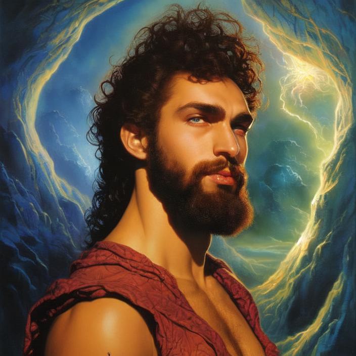 Artificial Intelligence (AI) generated image art, person as fantasy wizard, man, art by Boris Vallejo, art by Julie Bell, illustration, 80s fantasy art, portrait, landscape