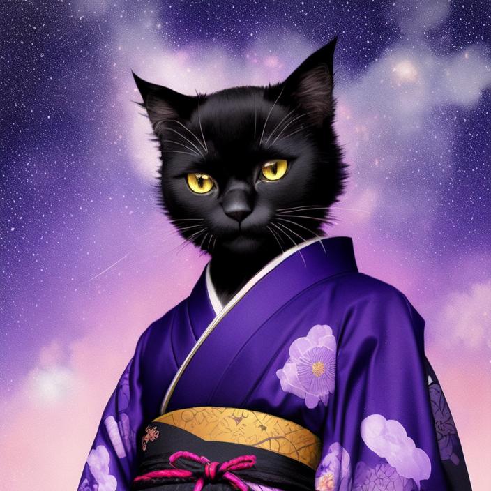 Artificial Intelligence (AI) generated image art, cute anthropomorphic samurai (black cat) in a colorful kimono, starry sky background, blue hour with purple tint, art by greg rutkowski, portrait, well lit subject