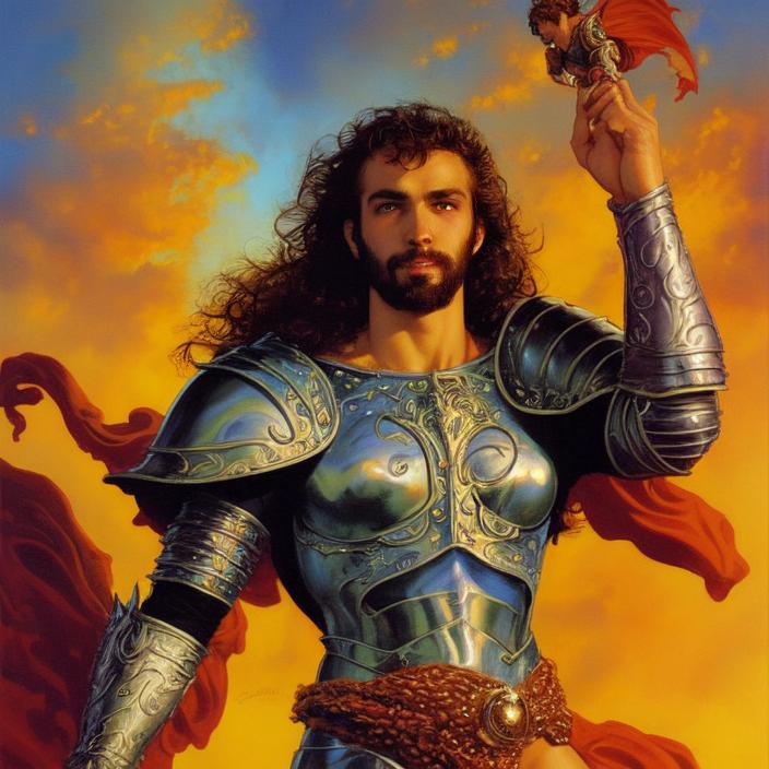 Artificial Intelligence (AI) generated image art, person as fantasy knight, man, art by Boris Vallejo, art by Julie Bell, illustration, 80s fantasy art, portrait, landscape