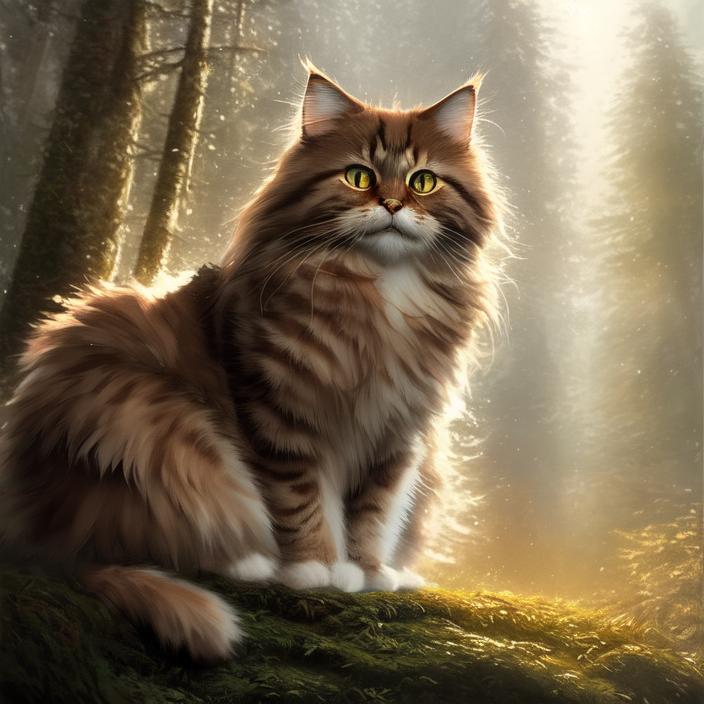 Artificial Intelligence (AI) generated image art, cute siberian cat, portrait, art by greg rutkowski, epic cinematic lighting, forest lake background