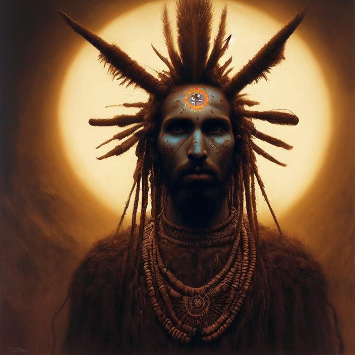 Artificial Intelligence (AI) generated image art, portrait of, (person) as a futuristic tribal chief, insibidi symbols, symmetrical, dramatic lighting, art by zdzislaw beksinski